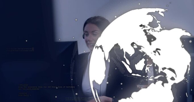 Animated globe moving revealing headset woman typing speaking code overlay showing global support