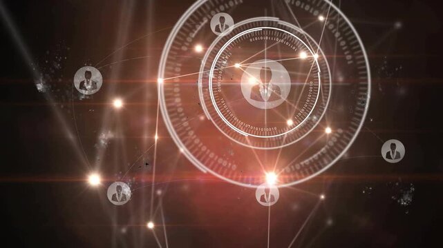 Central HUD fading locking over avatar node mesh forming sparking flare icons linking to show links