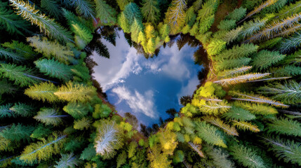 Heart shaped forest pond reflecting sky and clouds