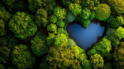 Heart shaped lake surrounded by green forest seen from aerial drone perspective, tranquil nature scene with reflective water