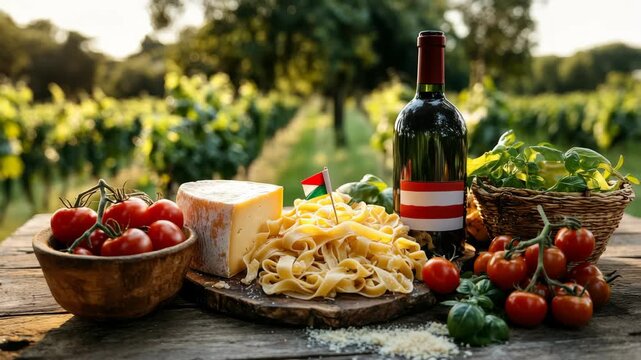 Italian food still life with pasta wine and cheese a rustic tuscan background for restaurant menus cooking shows and travel content.