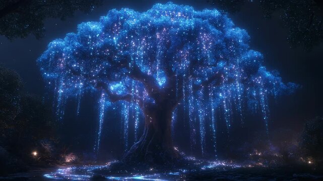 Magical Tree of Life with Glowing Blue Particles a cinematic fantasy background for spiritual wonder and enchanted forest scenes.