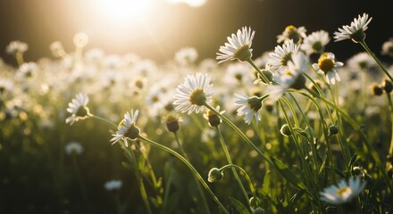 Close-up of daisy flowers in a meadow at golden hour. Backlit spring nature background