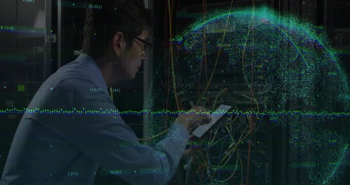Reading tablet and testing network, male tech tracing patch cables while globe waveform rising