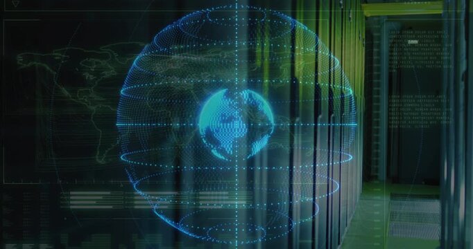 Data feed starting, hologram globe appearing and rotating while HUD shifting, showing server status