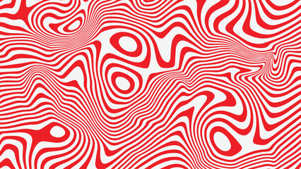 Abstract psychedelic swirling red and white stripes creating an optical illusion of depth and movement