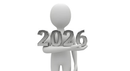 A stick figure holding silver numbers two zero two six on a white background in a studio shot