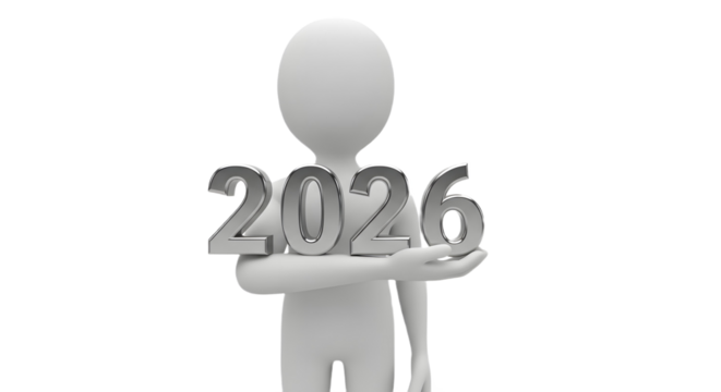 A stick figure holding silver numbers two zero two six on a white background in a studio shot - Powered by Adobe