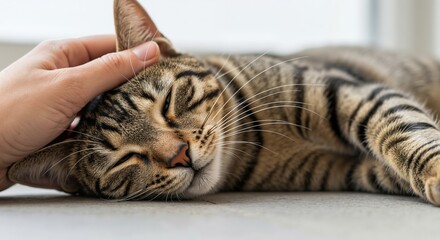 A person petting a relaxed tabby cat on the head. Close-up of a sleeping domestic feline enjoying a gentle stroke. Animal companionship and pet care concept
