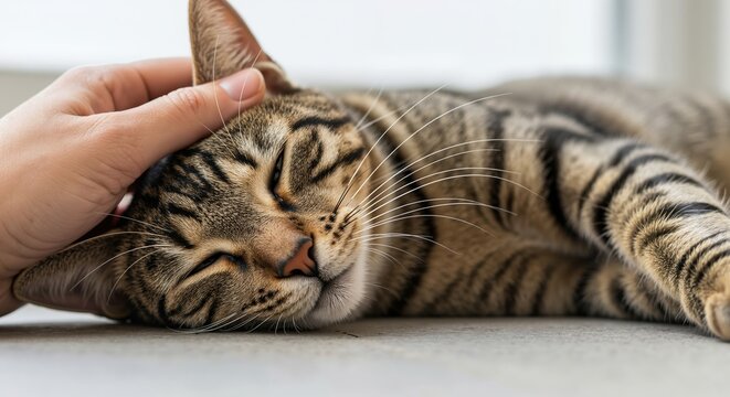 A person petting a relaxed tabby cat on the head. Close-up of a sleeping domestic feline enjoying a gentle stroke. Animal companionship and pet care concept