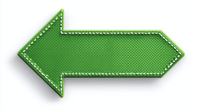 A green arrow pointing left, with a textured surface and stitched outline, it symbolizes direction and guidance