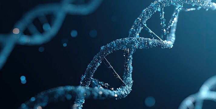 Blue and sparkling DNA helix, scientific render, dark background
