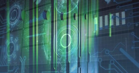 Faint green bars lighting, central HUD rings pulsing and overlays sharpening, visualizing data scan - Powered by Adobe