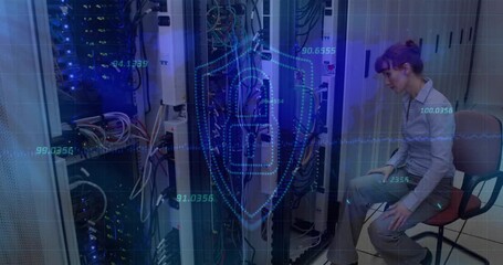 Female IT tech leaning into server rack, inspecting cables and causing security shield padlock data - Powered by Adobe