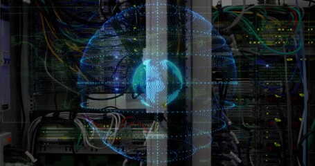 Holographic blue globe appearing over server racks and cables, rotating, pulsing, revealing data - Powered by Adobe