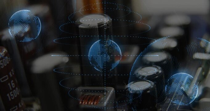 On camera pan blue dotted holograms drifting, scaling over PCB caps and chip, revealing circuitry