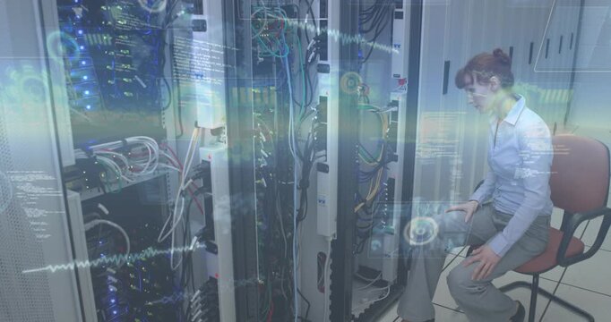 IT technician noticing blinking LEDs, leaning and checking rack cables while HUD scrolling