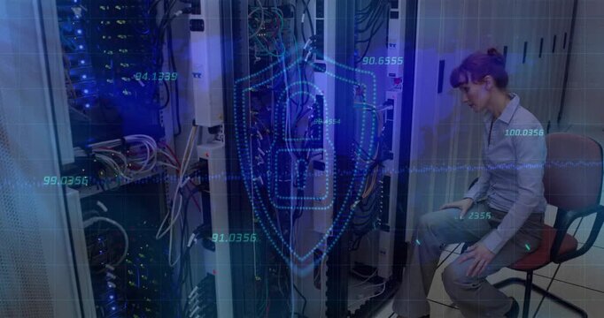 Female IT tech leaning into server rack, inspecting cables and causing security shield padlock data - Powered by Adobe