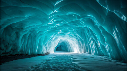 Vibrant Blue Ice Cave Tunnel with Snow photo glacier Background