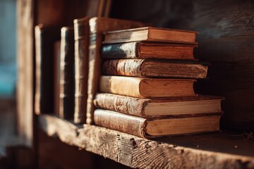 Antique Leather-Bound Books on Wooden Shelf in Warm Lighting