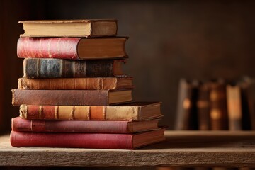 Stacked Vintage Books on Wooden Shelf in Cozy Library Setting