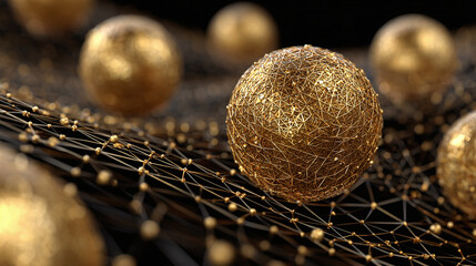 Golden orbs floating on a mesh of intricate lines and dots, creating a sense of wonder. The spheres exude a luxurious feel, suggesting opulence and high value