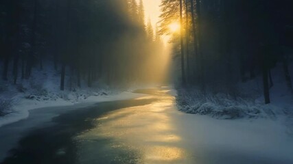 Cinematic Winter Wilderness: Golden Sun Rays on Frozen Forest River with Dramatic Snow and Ice Reflections - Powered by Adobe