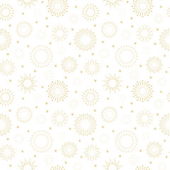 Golden fireworks on a white background, seamless pattern, festive pattern template, vector illustration. Christmas winter element for design, labels, packaging, fabric, wrapping paper, wallpaper
