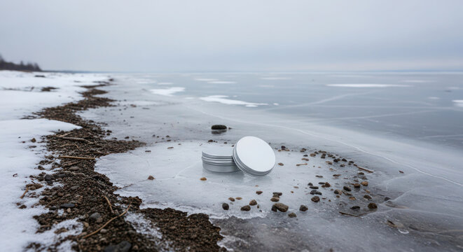 Satellite dish on frozen shoreline under overcast sky