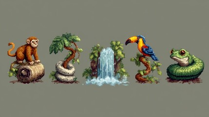 Pixel Art Jungle Scene with Monkey, Parrot, Waterfall, and Snake