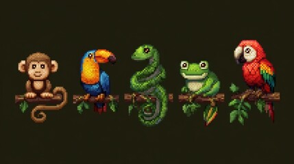 Colorful Jungle Scene with Animals and Nature Elements in Pixel Art