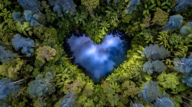 Heart shaped pond in dense tropical forest with misty water and lush green canopy - Powered by Adobe