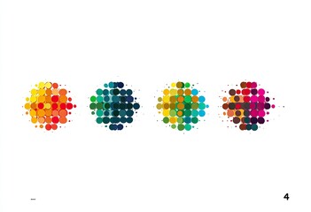 Four abstract circles composed of dots, each a different color scheme