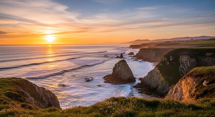 Dramatic coastal cliffs at sunset with ocean waves