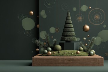 Stylized miniature holiday scene features a tiered conical topiary tree on a wooden pedestal surrounded by natural elements and festive ornaments against a dark green backdrop