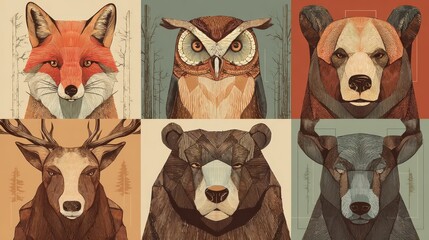 Detailed Animal Portraits Featuring Fox, Owl, Bear, and Deer
