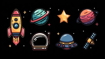 Colorful Cartoon Space Elements with Rocket, Planets, and Stars