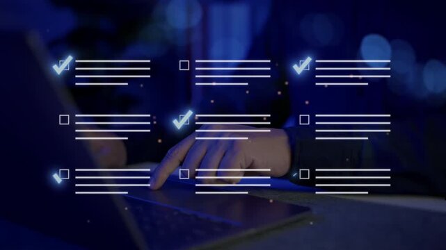 Businessman uses laptop to take online quiz with multiple-choice interface, representing e-learning assessment, digital learning, online surveys, testing systems, and virtual education tools.