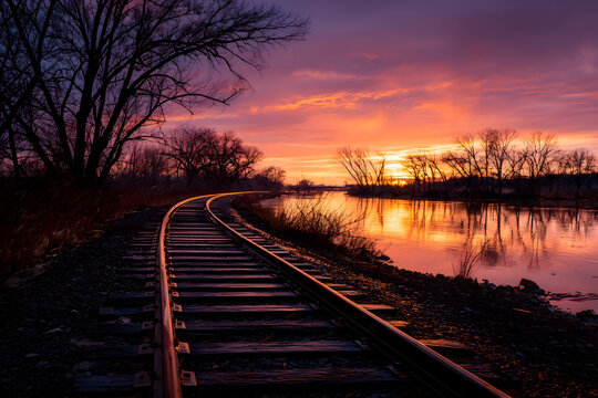 Serene sunset railway with curving train tracks by river