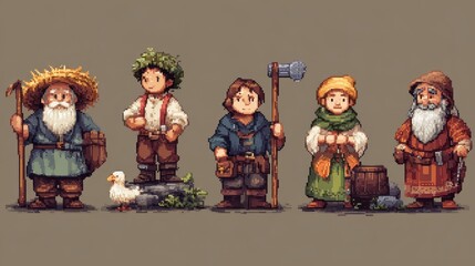 Charming Pixel Art Characters in Medieval Fantasy Setting