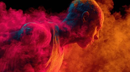 Energetic Athlete in Colorful Smoke Displaying Intense Focus and Strength