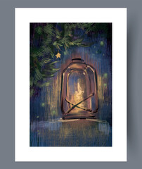 warm nostalgic scene, rustic glow with glowing star, serene scene with candle and evergreen