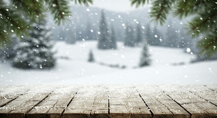 Winter snowy forest with wooden table covered in snow flakes