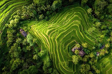 Lush Green Rice Terraces in Tropical Landscape of Bali Indonesia