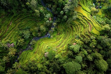 Lush Rice Terraces Surrounded by Vibrant Green Vegetation in Bali