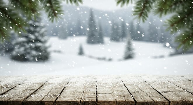 Winter snowy forest with wooden table covered in snow flakes
