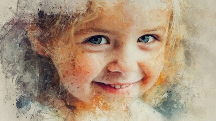 Happy Child Portrait with Artistic Watercolor Effect and Smiling Face