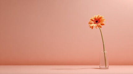 Single Orange Flower in Clear Glass Vase on Soft Pink Background