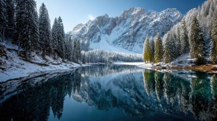 Snowy Mountains and Pines Reflected in Serene Alpine Lake