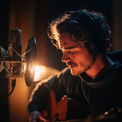 Man with curly hair performing music in recording studio environment